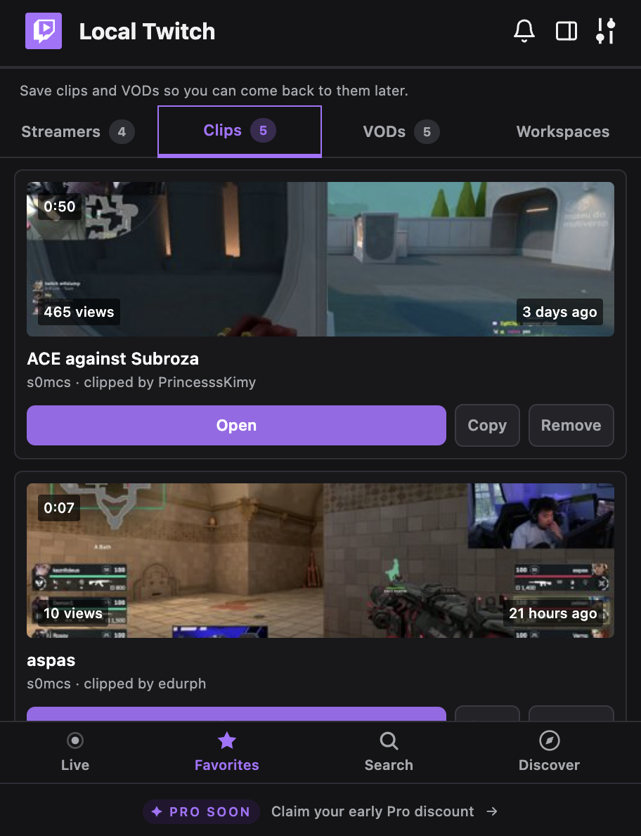 Saved clips bookmarks