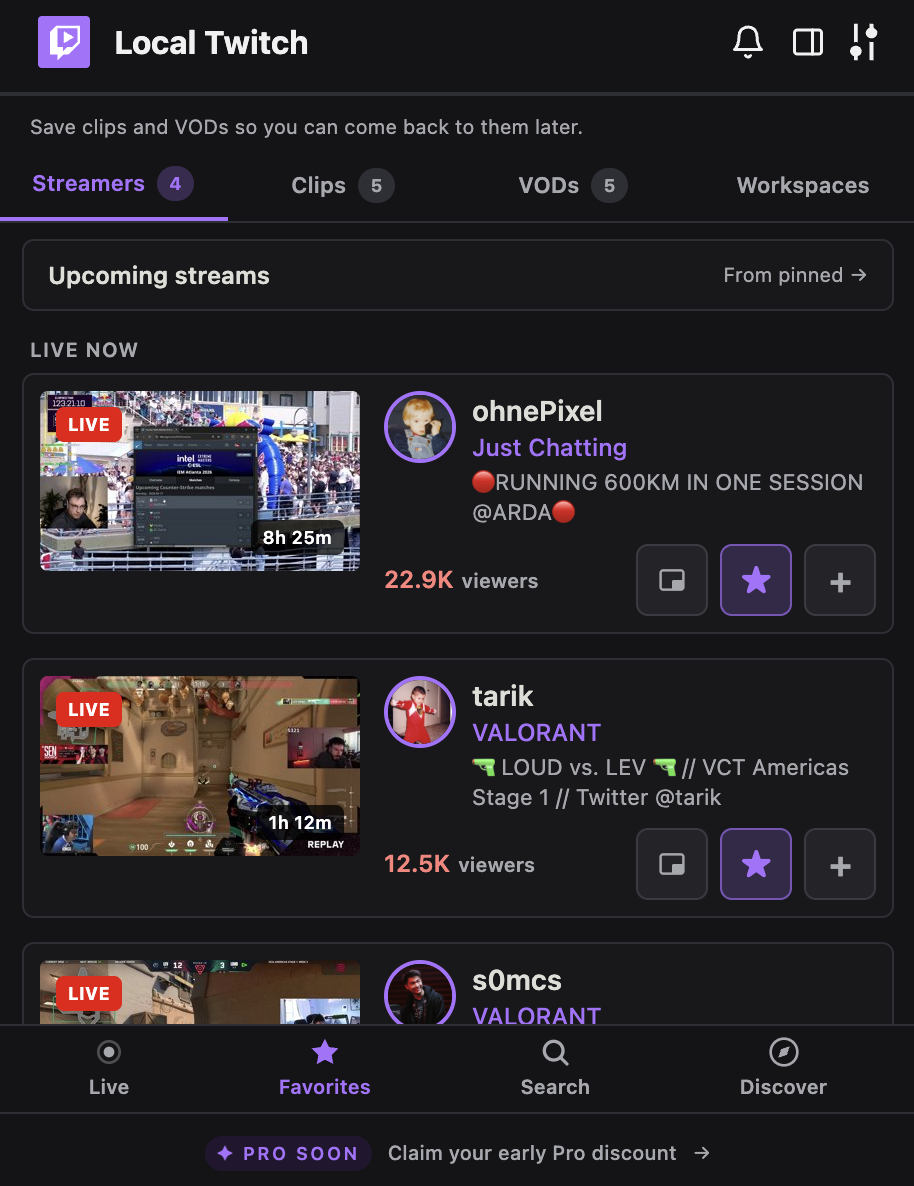 Saved streamers list with pinned channels